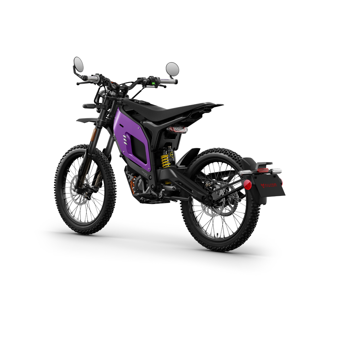 NIU XQi3 Electric Dirt Bike Wild in Purple showing product on white background from rear side angle