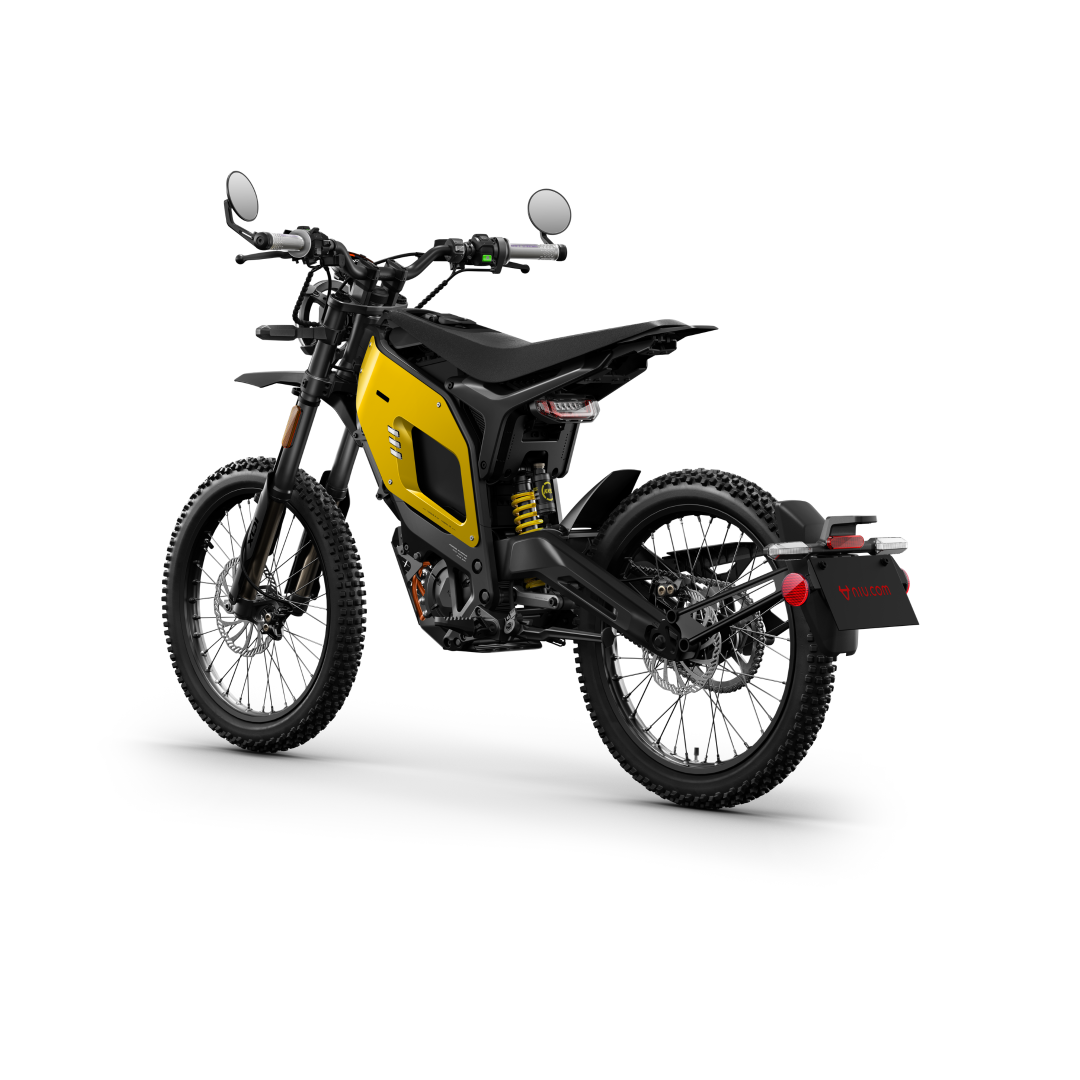 NIU XQi3 Electric Dirt Bike Wild in Yellow on white background showing side view of product from rear angle